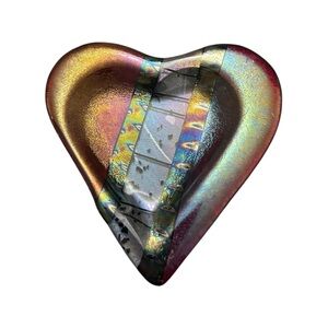 Chris Paulson handmade, iridescent, fused glass heart tray or paperweight.